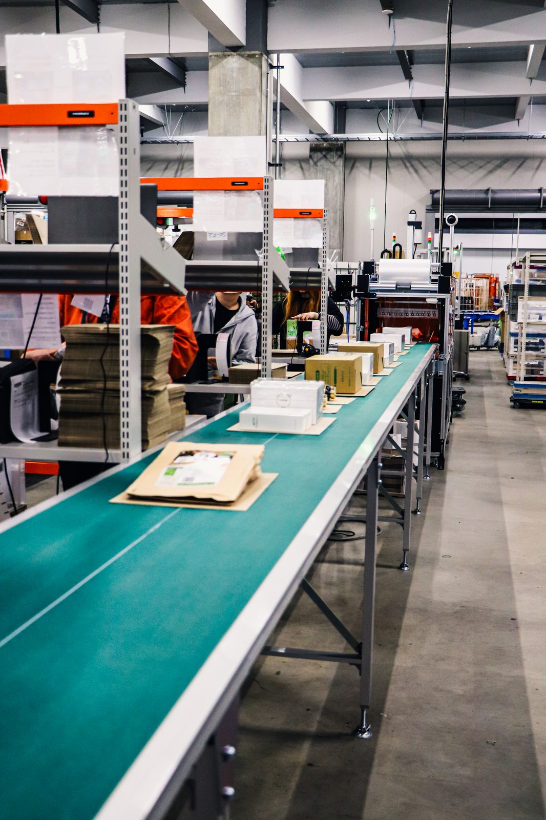 緑ベルトコンベアに並ぶ梱包済み商品（多様な品種）